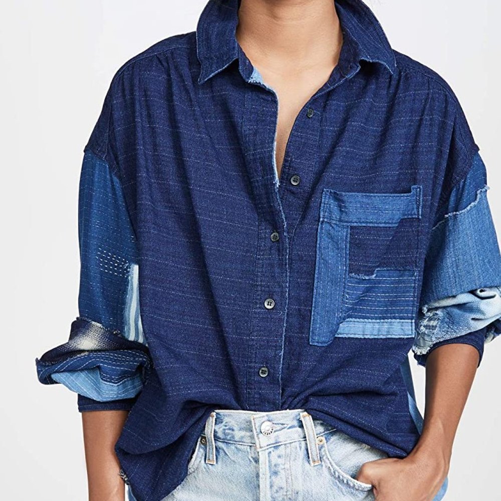 Free People Indigo Sky Button Down Shirt Patchwork Denim